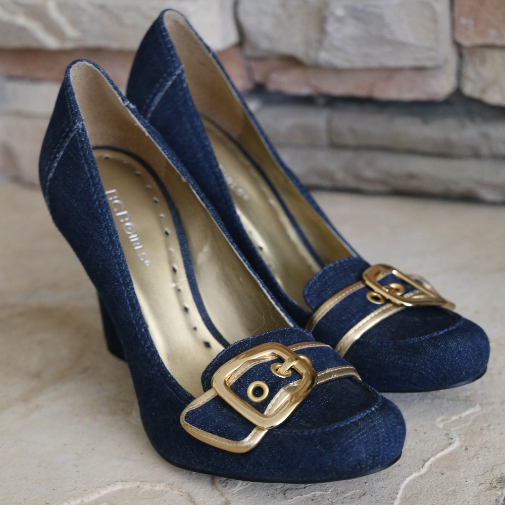 BCBG Girls Denim 4" Pumps Gold Buckle Trim 9-1/2 B